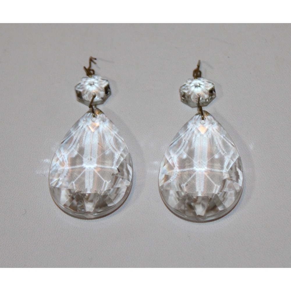 set of 10 vintage chandelier prisms clear glass teardrop faceted 2-piece - Picture 9 of 13